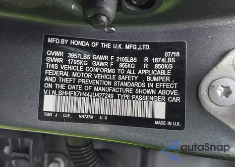 2018 Honda Civic Sport from USA, damaged, VIN SHHFK7H44JU427249